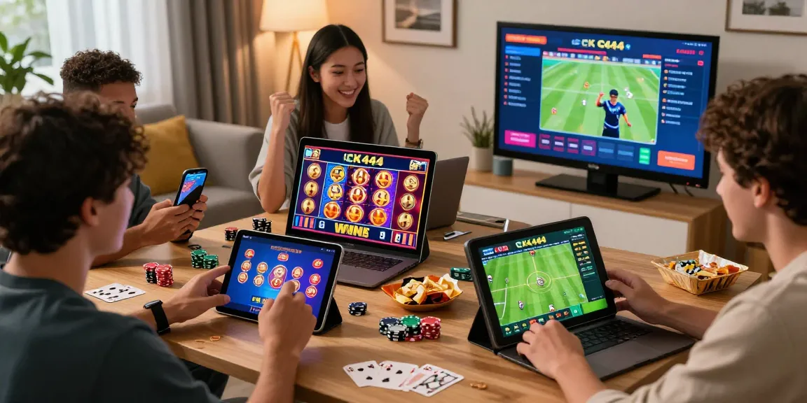 CK 444 online casino gaming experience with players celebrating wins and placing bets in a vibrant living room.