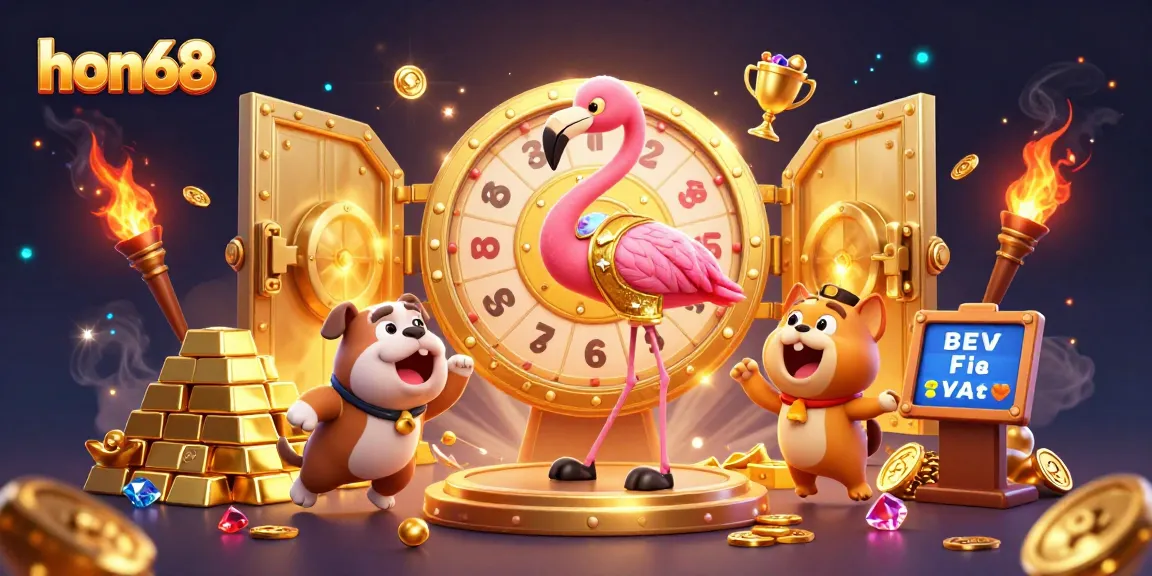 Experience excitement at hon68 with a cartoon scene of a flamingo game show host, a bulldog contestant, and treasure bursting from a vault.