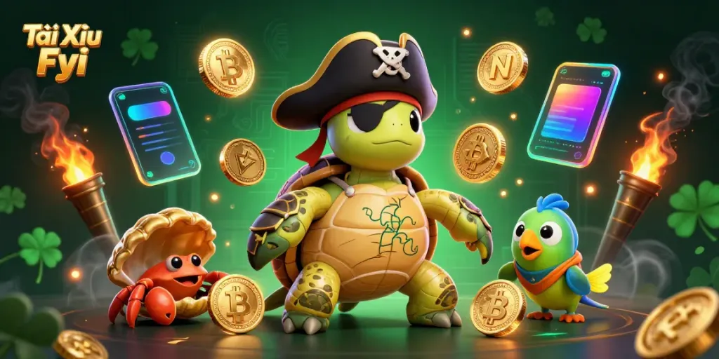 Tài Xỉu Fyi illustration featuring a pirate turtle, hermit crab, and parrotfish amidst cryptocurrencies.