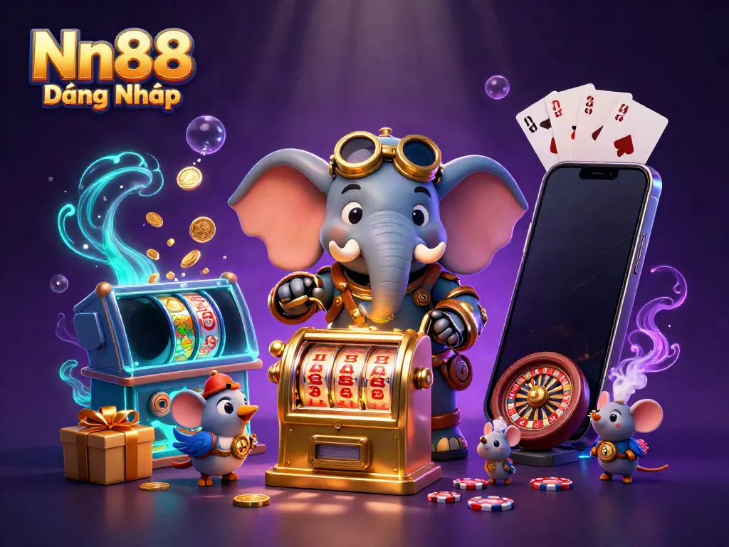 Engaging scene of Nn88 Đăng Nhập, featuring a steampunk elephant and colorful slot game elements