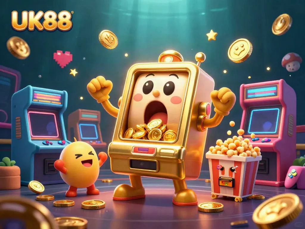 UK88 slots machine celebrating a jackpot with cheerful baby machines, embodying excitement in online gaming.