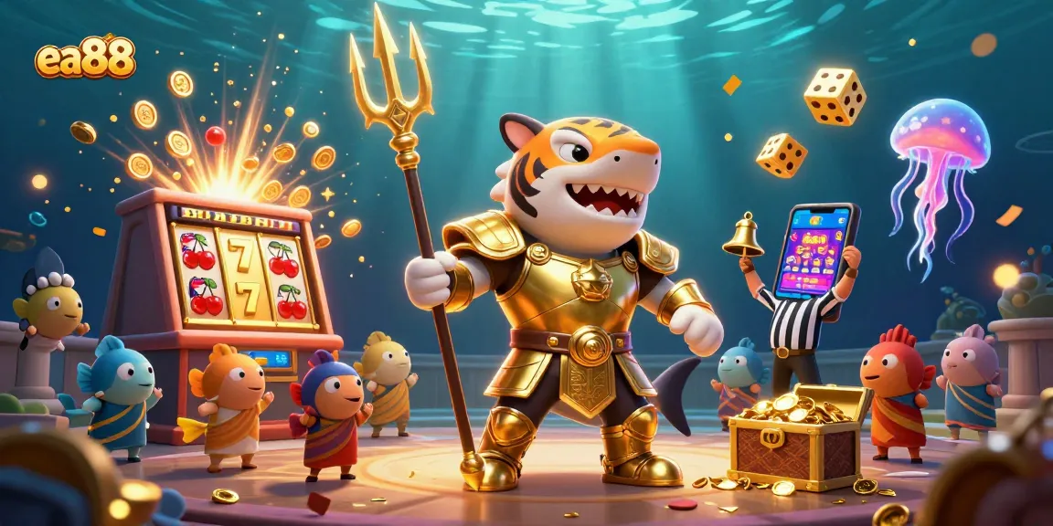 Engage in exhilarating gaming battles with ea88 at the underwater colosseum filled with vibrant casino elements.