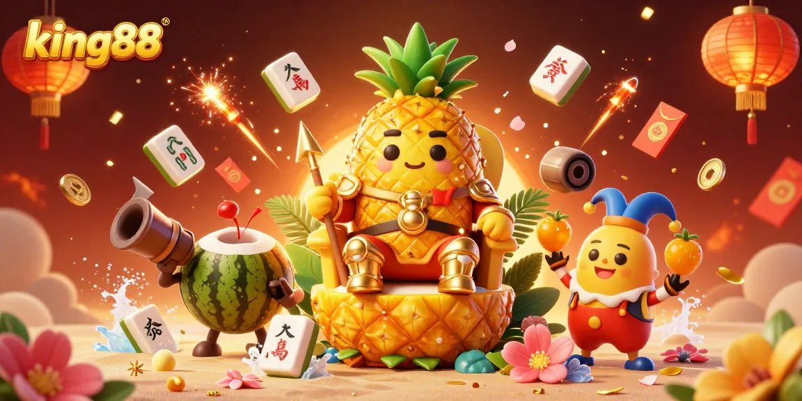 Join the fun at king88 with vibrant casino creatures amidst colorful game elements, displaying lively casino action.