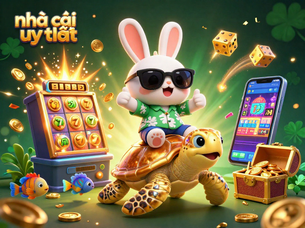 Engaging illustration of nhà cái uy tín featuring a cool rabbit and golden turtle amidst a slot machine jackpot.