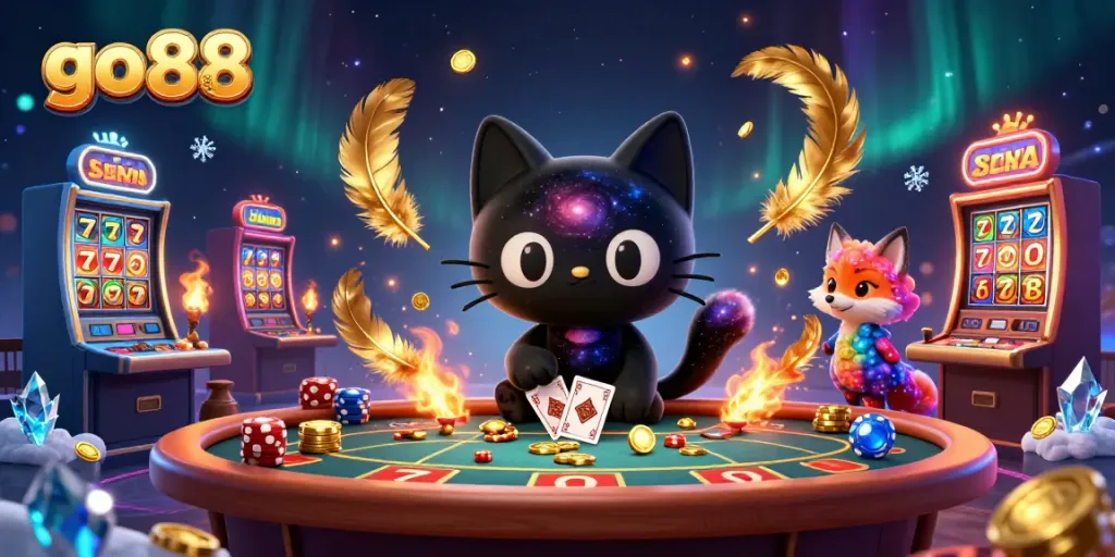 Experience the vibrant energy of go 88 at a cosmic casino table with cats and foxes