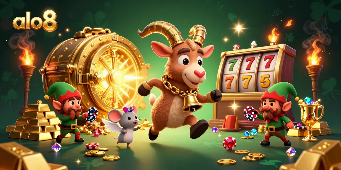 Experience thrilling slots and casino excitement with alo8's festive 3D casino illustration featuring characters in action.