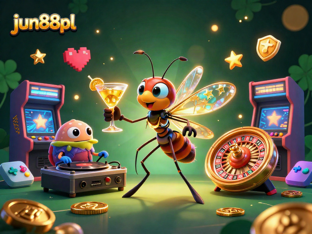 Engage in vibrant gameplay at jun88pl with an animated casino mascot, glowing party atmosphere, and thrilling gaming elements.
