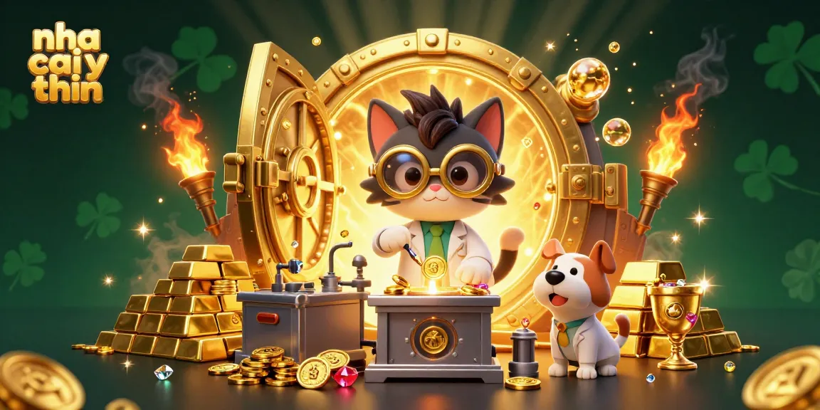Experience the thrill of casino games at nha cai uy tin with this vibrant 3D illustration of a mad scientist cat and loyal dog amidst gold treasures.