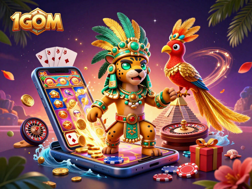 Experience thrilling 1GOM betting with vibrant characters and gaming elements in this dynamic illustration.