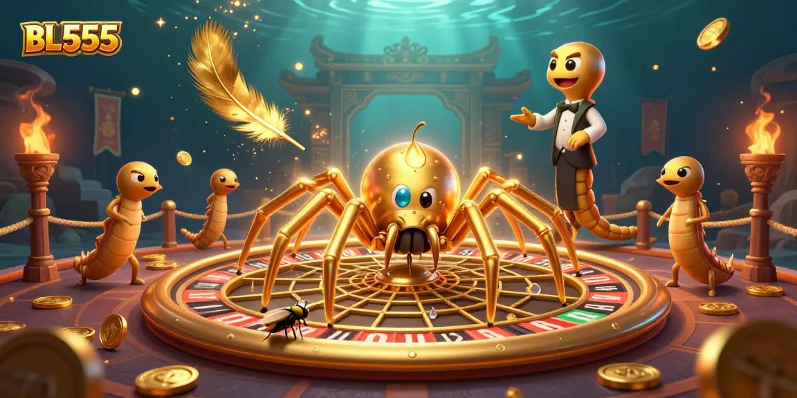 Experience thrilling gameplay at BL555 with a vibrant 3D illustration capturing a golden spider and croupier in action.