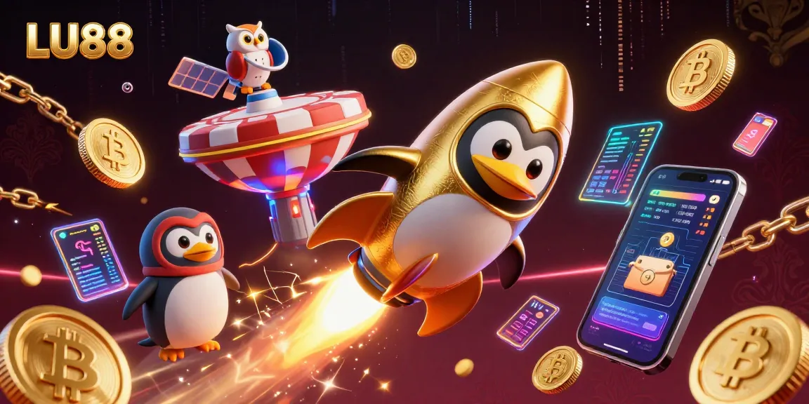 LU88 showcases a rocket-powered penguin racing towards a casino chip in a cosmic setting.