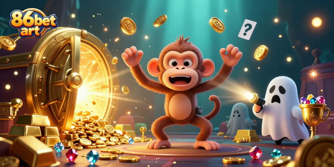 Experience the thrill of 86bet art with a playful poltergeist monkey and ghost-hunter puppy in a lively casino scene.