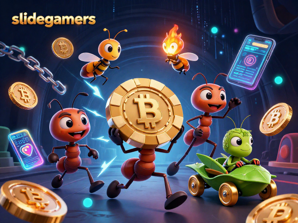 Engage with slidegamers where ants execute a heist, carrying a massive poker chip in a vibrant casino world.