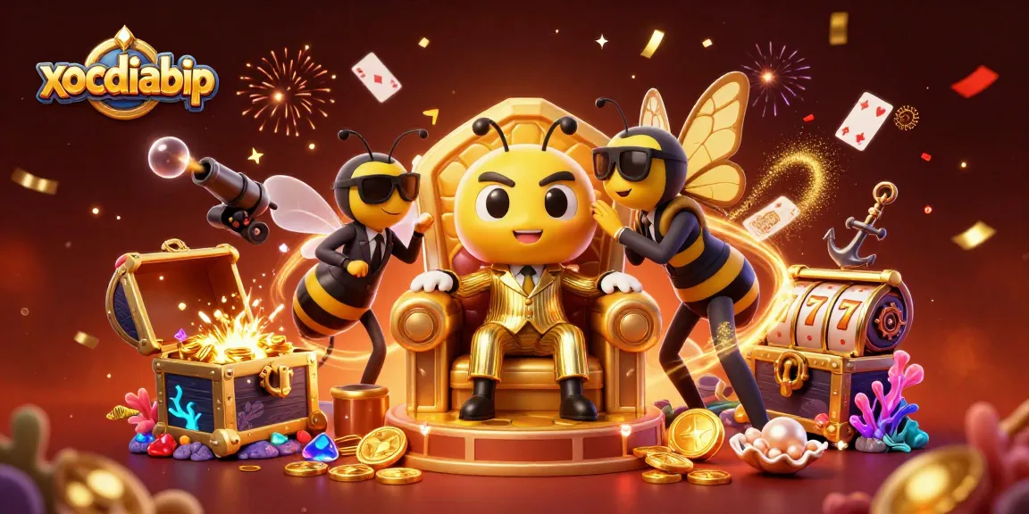 xocdiabip showcases a vibrant 3D scene with a bumblebee mob boss and lively casino elements.