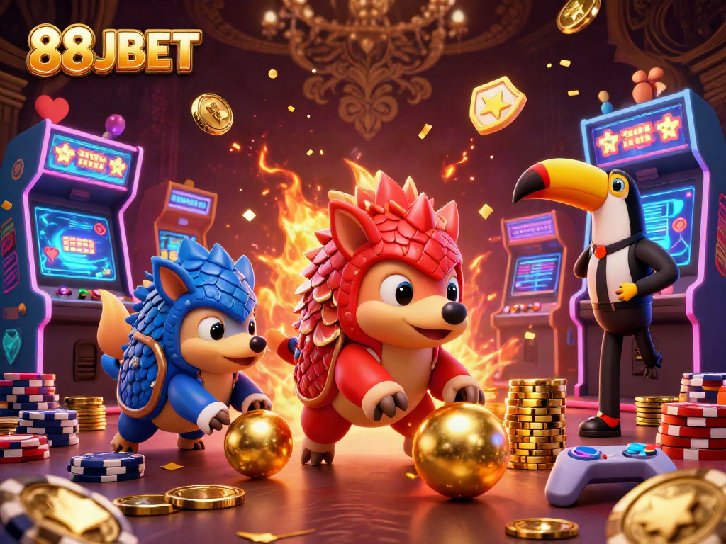 Engage in the vibrant gaming world of 88JBET with animated pangolins bowling poker chips amidst golden elements.