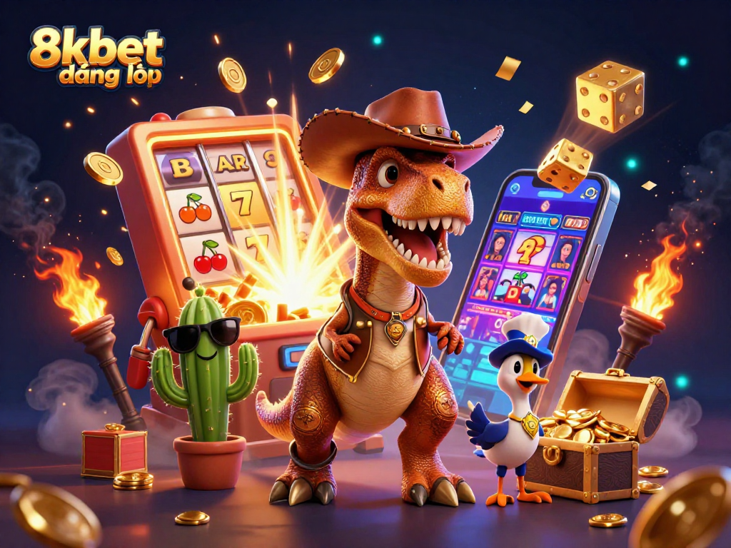 Experience thrilling action with 8xbet đăng nhập in a vibrant casino-themed 3D illustration featuring dynamic characters.