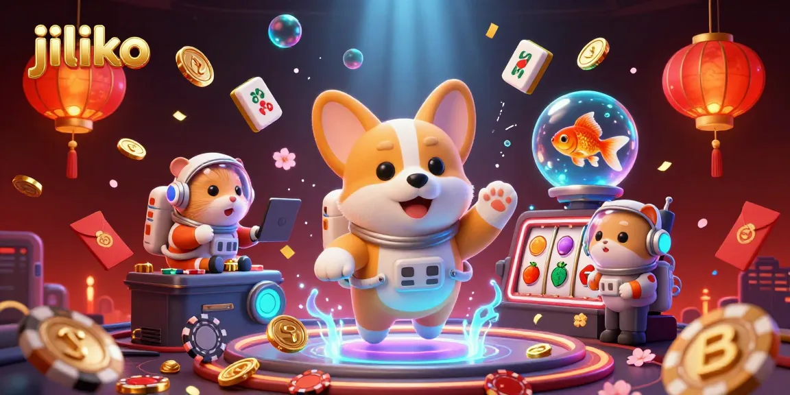 Experience thrilling gaming at jiliko with a floating astronaut corgi in a busy casino atmosphere.