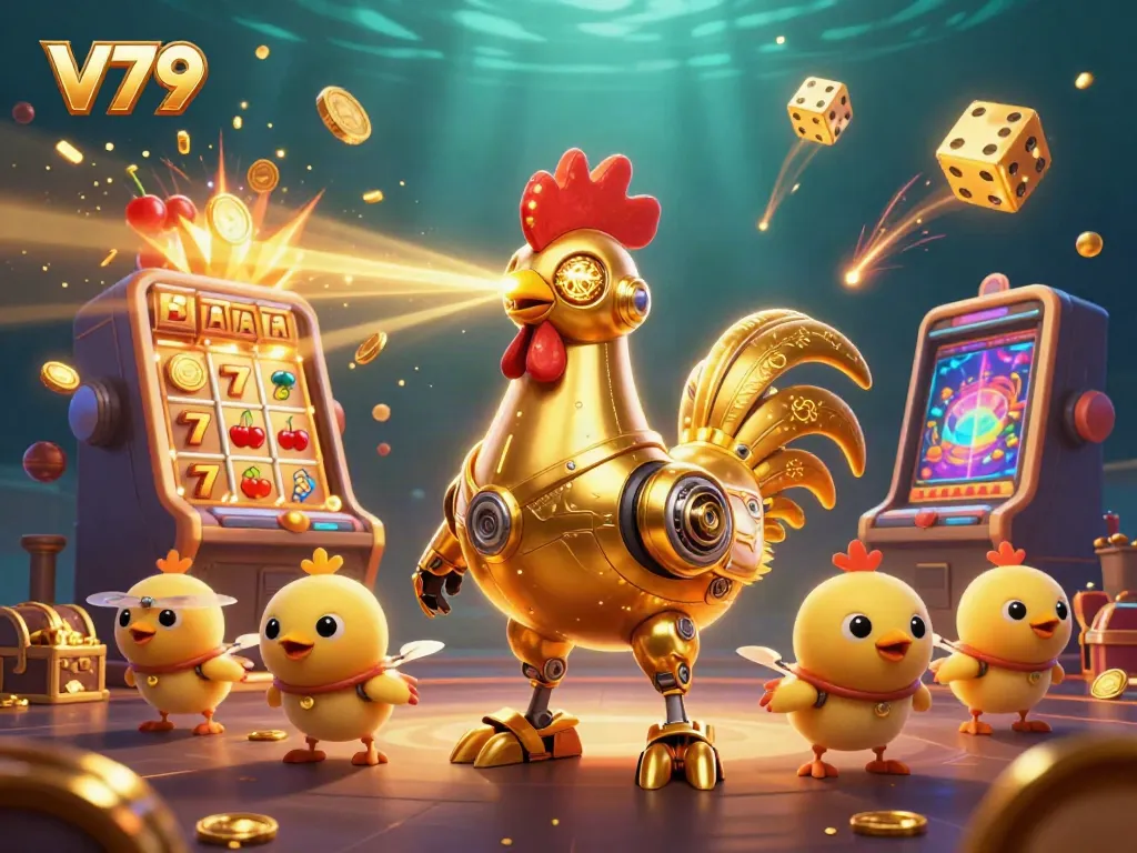 Experience thrilling gaming action at V79 with a golden rooster robot and vibrant jackpots.