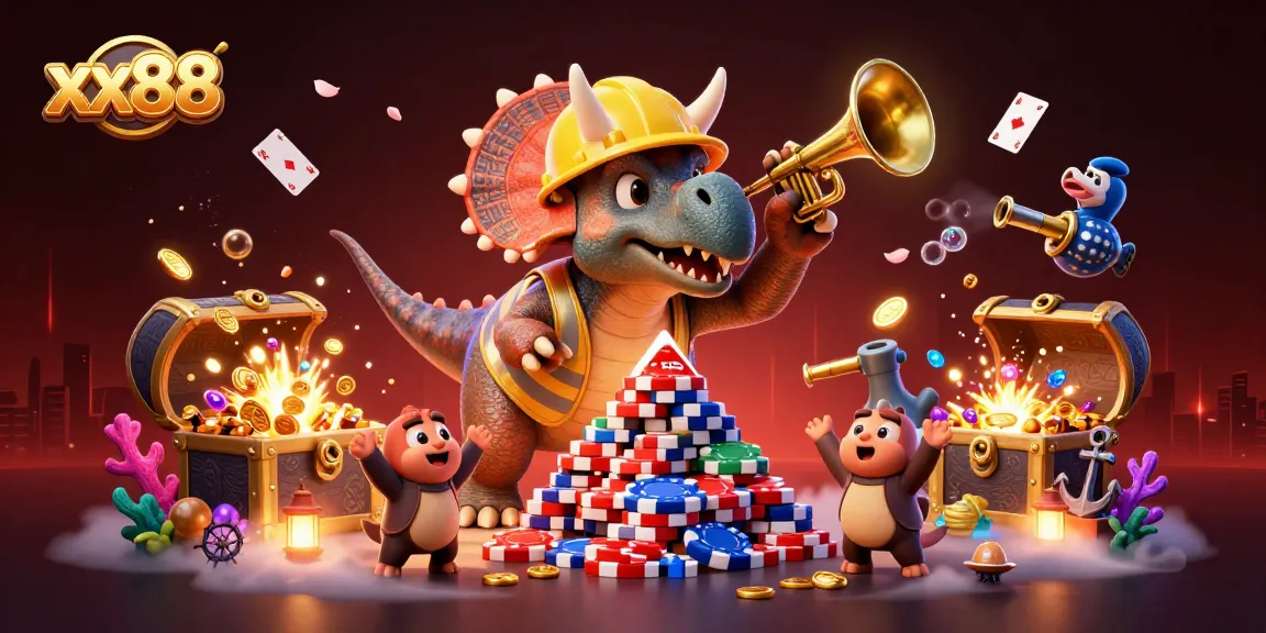Experience the thrill of xx88 as a triceratops builds poker chips in a vibrant casino scene.