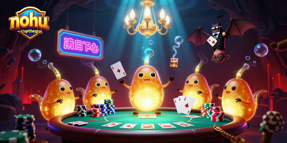 Nohu-cupthegioi glowworms create a vibrant cave casino scene with poker elements and bat dealer, showcasing excitement.