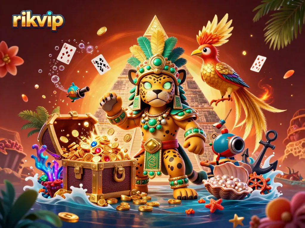 Experience the excitement of rikvip with a vibrant 3D illustration featuring a Mayan priest and treasures.