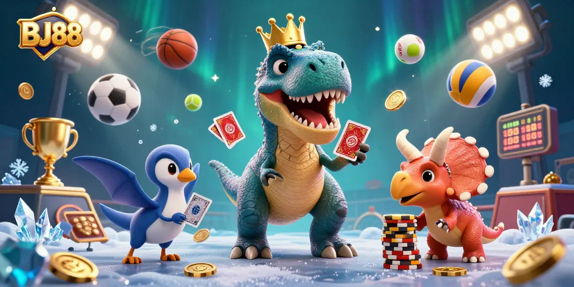 Betting strategy in BJ88 illustrated with a T-Rex shuffling cards, sports balls, and golden chips.