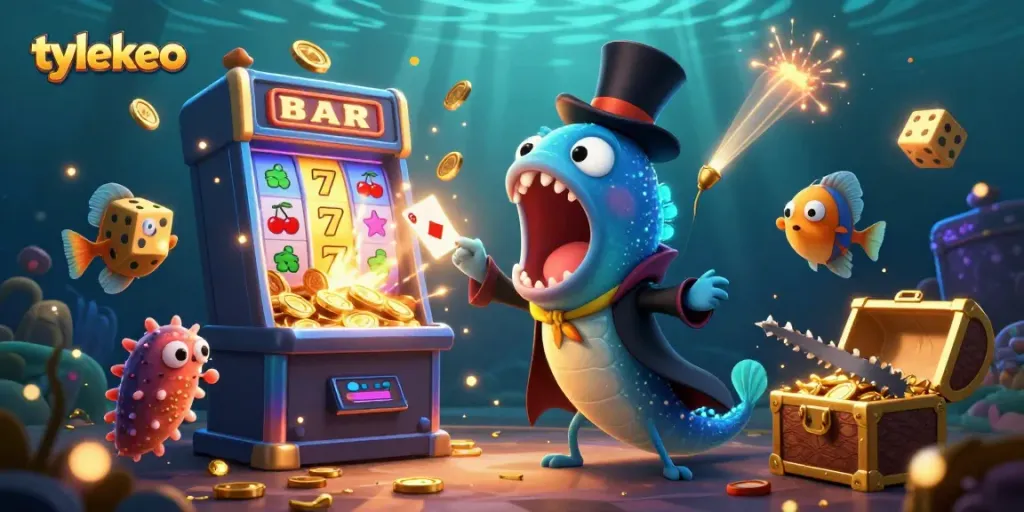 Engage with tylekeo's vibrant underwater casino scene featuring a gulper eel magician and lucky symbols.