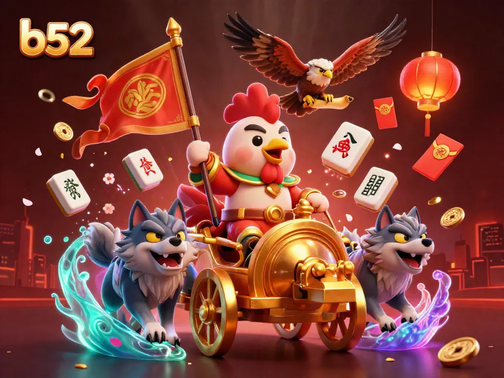 Engage with the lively b52 online casino scene, featuring a rooster warlord amidst gold elements and festive decorations.