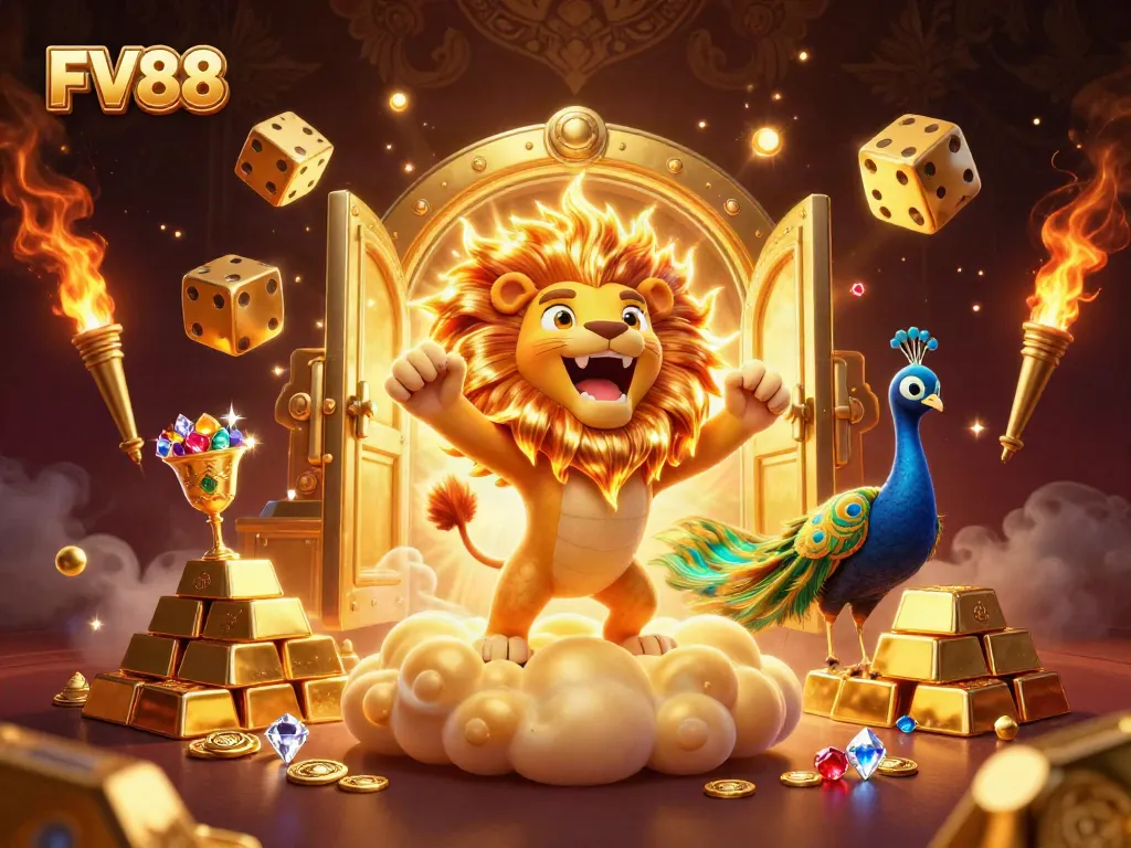 Experience the excitement of FV88 through vibrant casino-themed 3D illustration featuring winning elements.