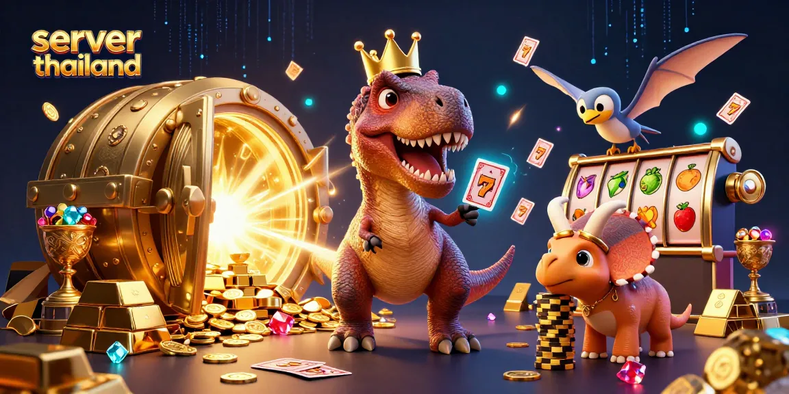 Experience thrilling action with server thailand as T-Rex shuffles cards and triceratops stacks chips in a vibrant casino.