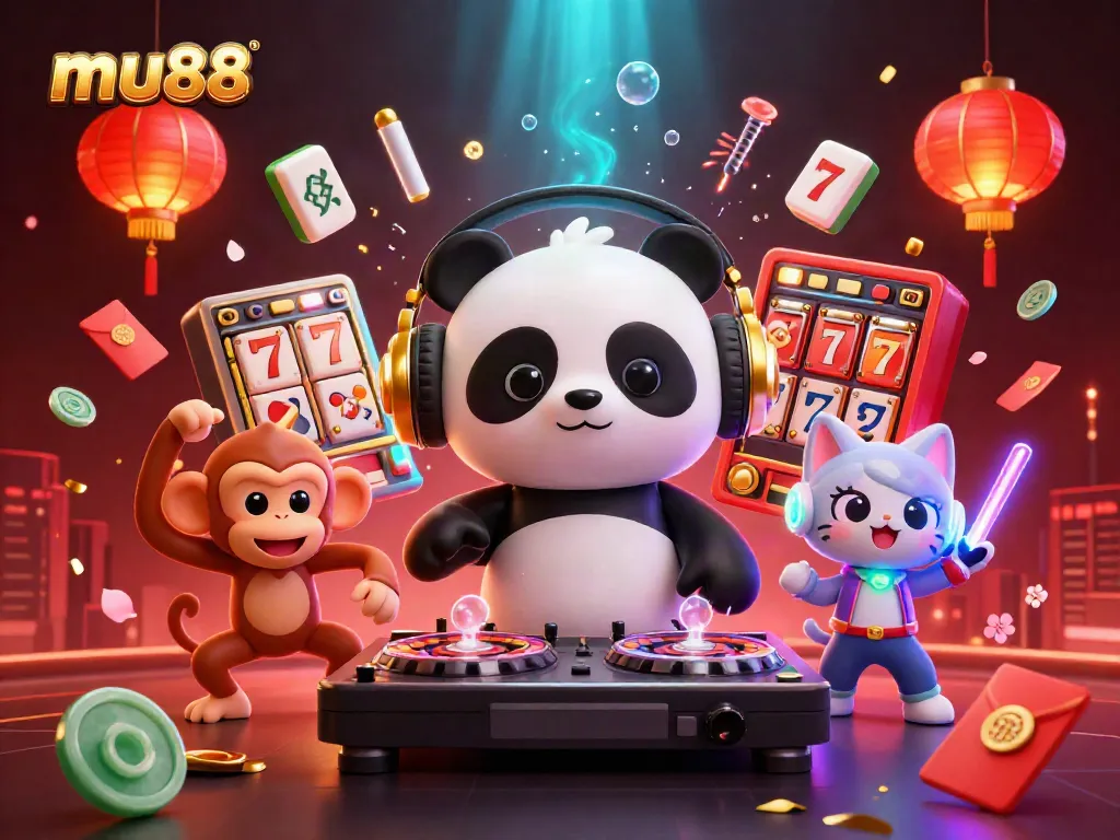 Experience the excitement of mu88 with dynamic characters in a vibrant casino-themed illustration.