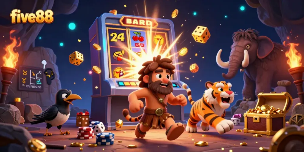 Experience winning thrills with five88 in this ultra-detailed 3D casino scene featuring dynamic characters and game elements.