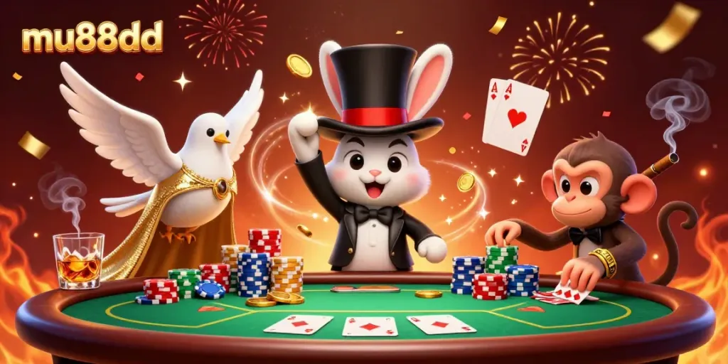 Engaging scene of mu88dd's casino featuring a magician rabbit, dove, and monkey interacting joyfully amidst poker chips and cards.