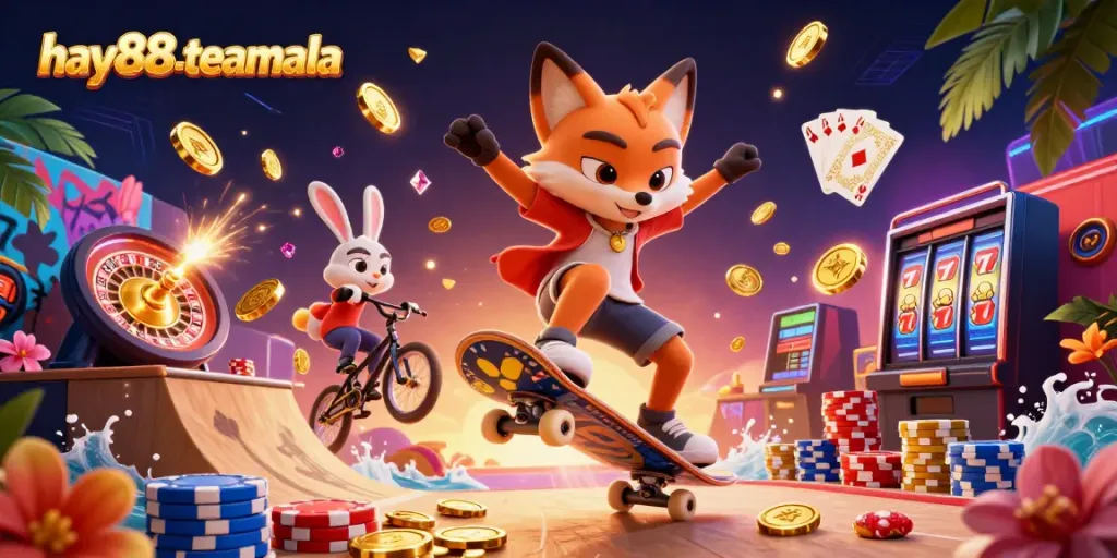 Experience the thrill at hay88-teamala with vibrant casino elements and energetic characters in a colorful scene.