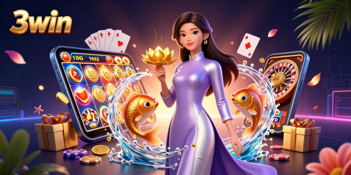Experience thrilling 3win casino excitement with dynamic games and vibrant visuals in this 3D illustration.