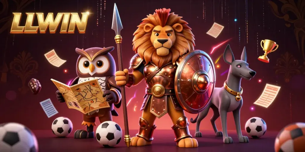 Engage in dynamic sports betting with LLWIN featuring a Spartan lion, strategic owl, and swift greyhound.