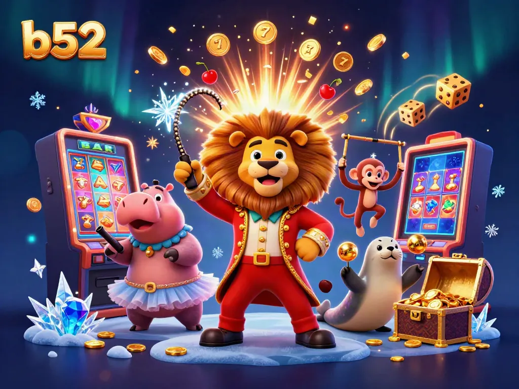 Experience exciting wins with b52 in a vibrant 3D casino-themed illustration, full of joyous characters and dynamic elements.