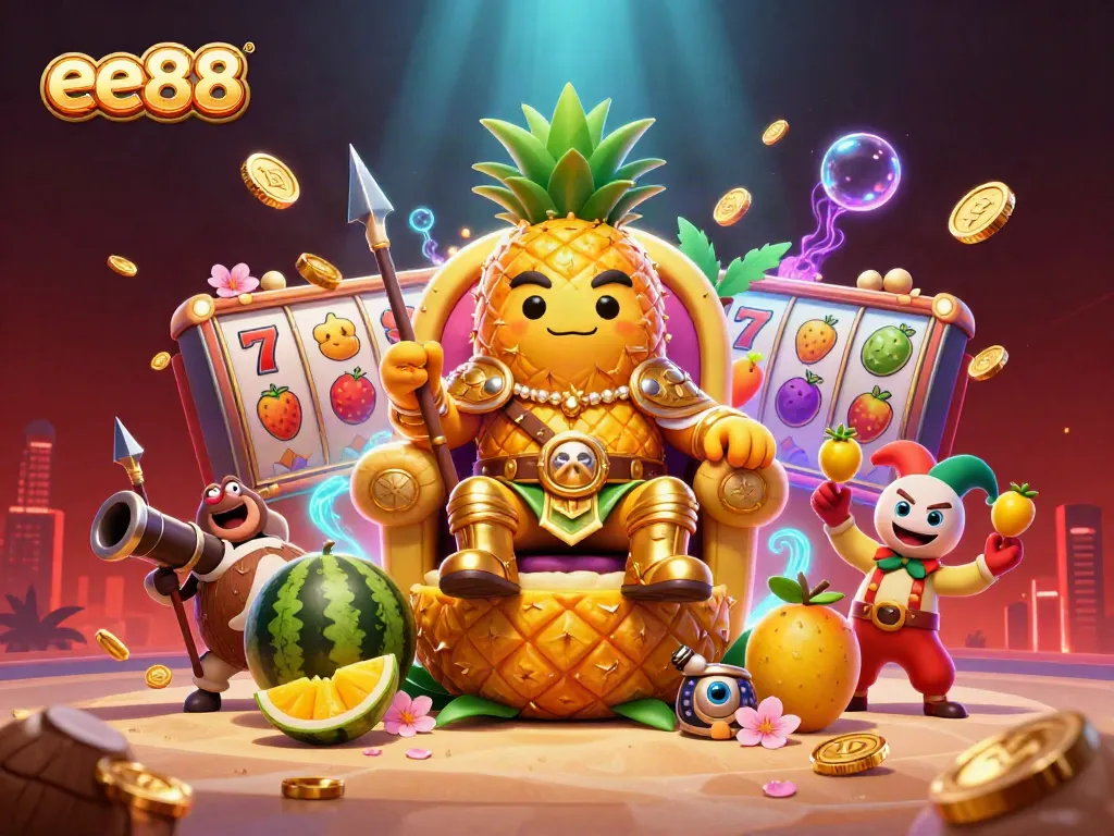 Experience the vibrant energy of ee88 with golden pineapple king amidst slots and tropical elements.