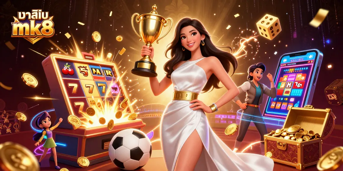 Experience the thrill of คาสิโน mk8 with a victorious woman holding a trophy amidst explosive casino elements.