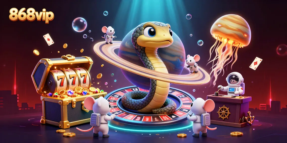 868vip's dynamic gaming scene showcases a Saturn ring snake using its roulette, with playful astronaut mice betting.
