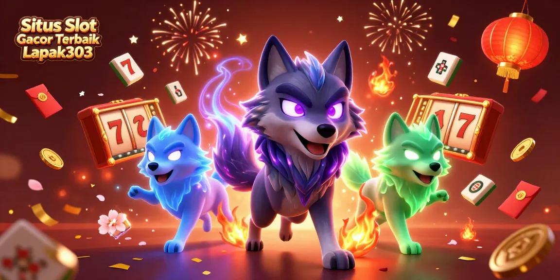 Situs Slot Gacor Terbaik Lapak303 showcases 3D cartoon wolves amid a vibrant casino atmosphere filled with slot reels and confetti.