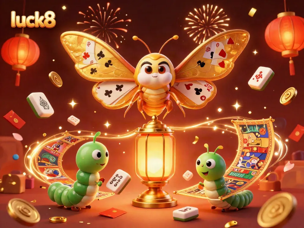 Engage with luck8's vibrant online gaming scene featuring dynamic casino elements and a majestic atlas moth.
