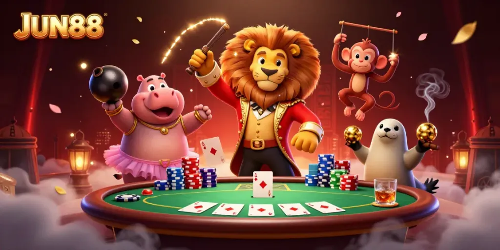 Engage with JUN88 as a vibrant 3D animation unfolds featuring casino characters and elements.