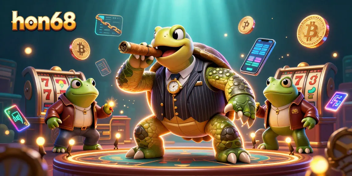 Join the action on hon68 with a vibrant 3D casino illustration featuring unique characters and slots.