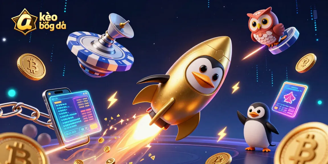 Experience kèo bóng đá thrilling moments with a penguin soaring through a cosmic casino adventure.
