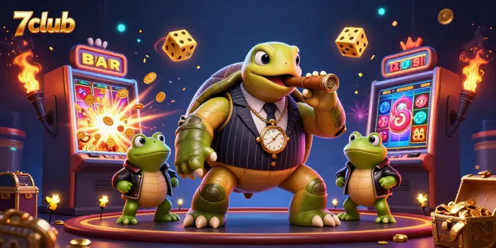 Experience the excitement of 7club with a snapping turtle in a casino atmosphere full of winning symbols and characters.