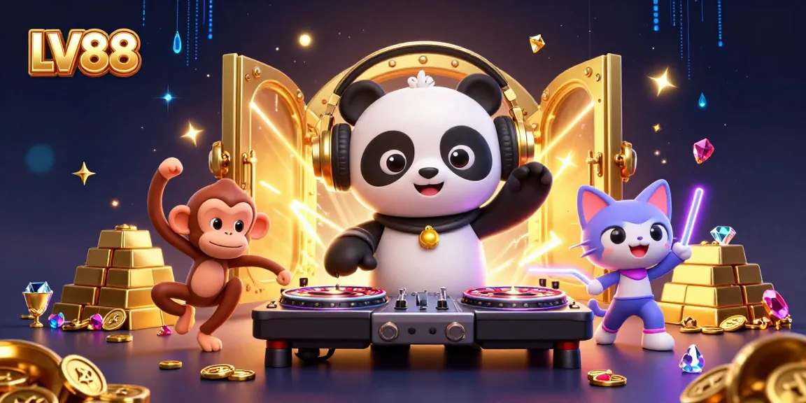 Experience excitement at LV88's vibrant casino scene with DJ panda spinning roulette wheels.