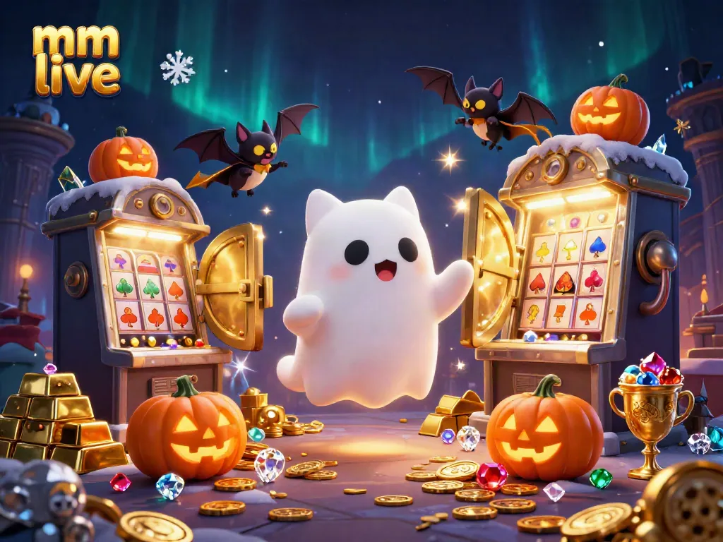 Watch mm live with a ghost cat and vampire bat in a haunted casino during Halloween.