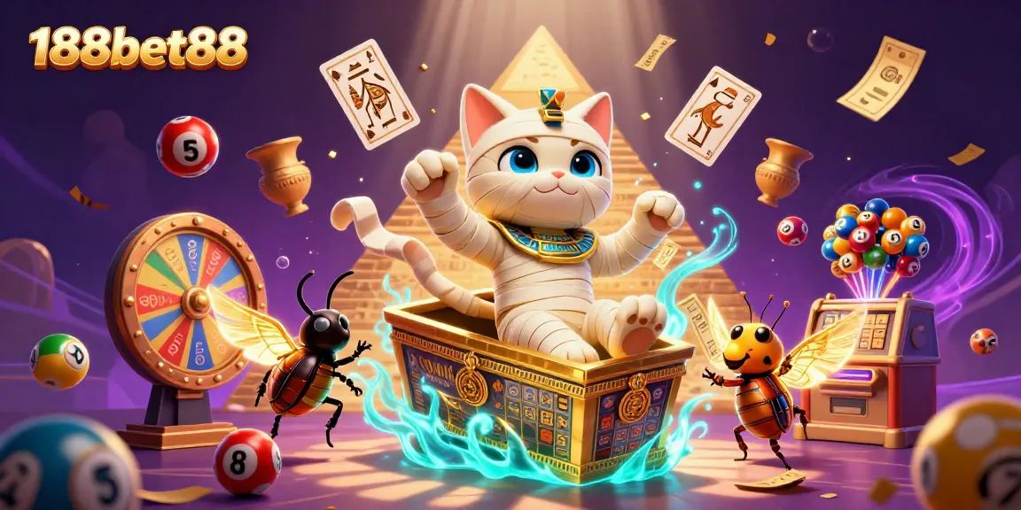 Experience the thrill of 188bet88 with an Egyptian mummy cat and golden casino elements.