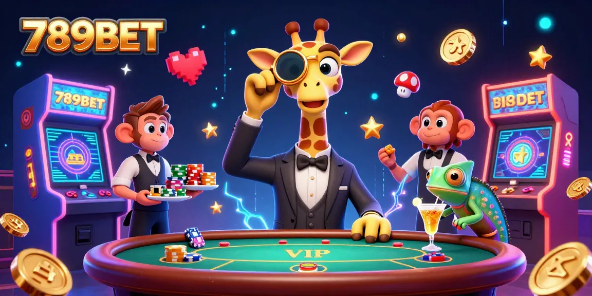 Experience exciting gaming with 789BET as a high-roller giraffe plays poker with vibrant casino visuals.